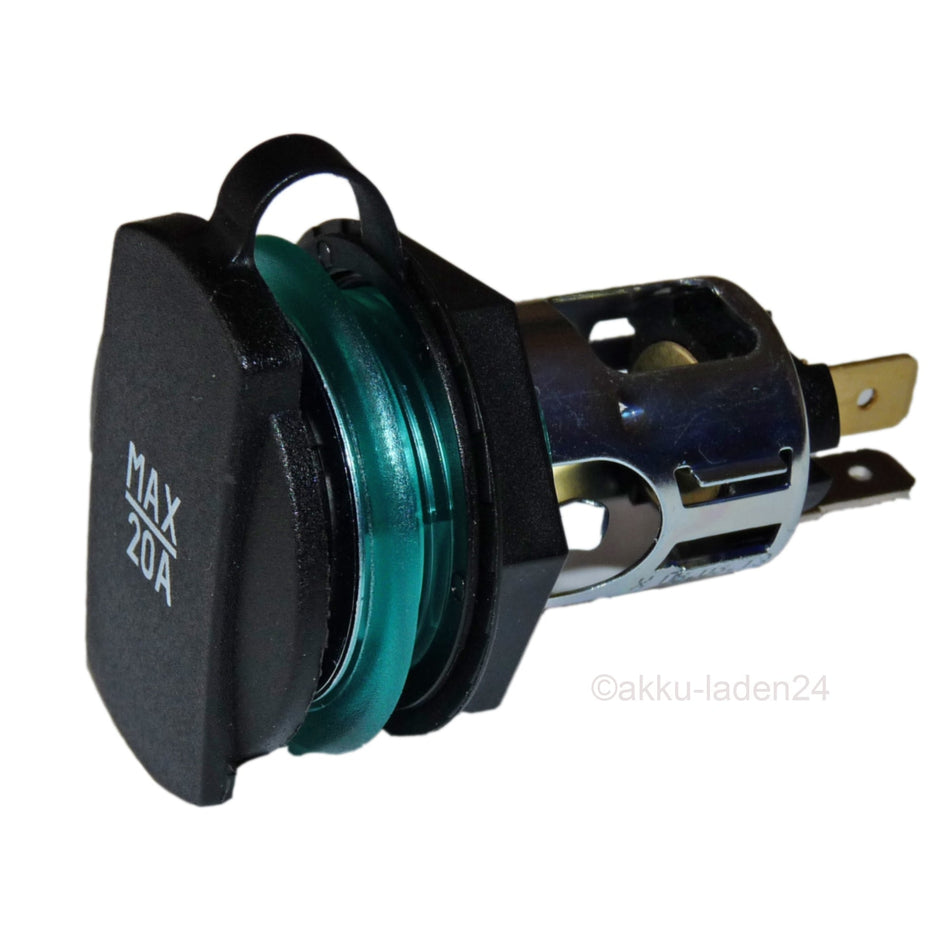 Powersteckdose mit Schraubgewinde und grüner Spannhülse 6-24V / 20A