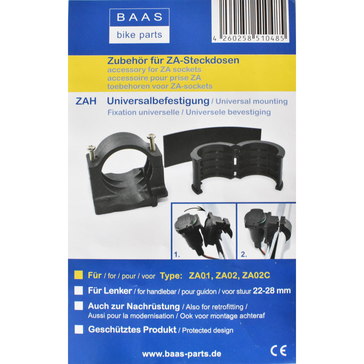 Zubehör BAAS ZA-Steckdosen: Universalbefestigung für Motorrad Lenkermontage Produktinformationsblatt
