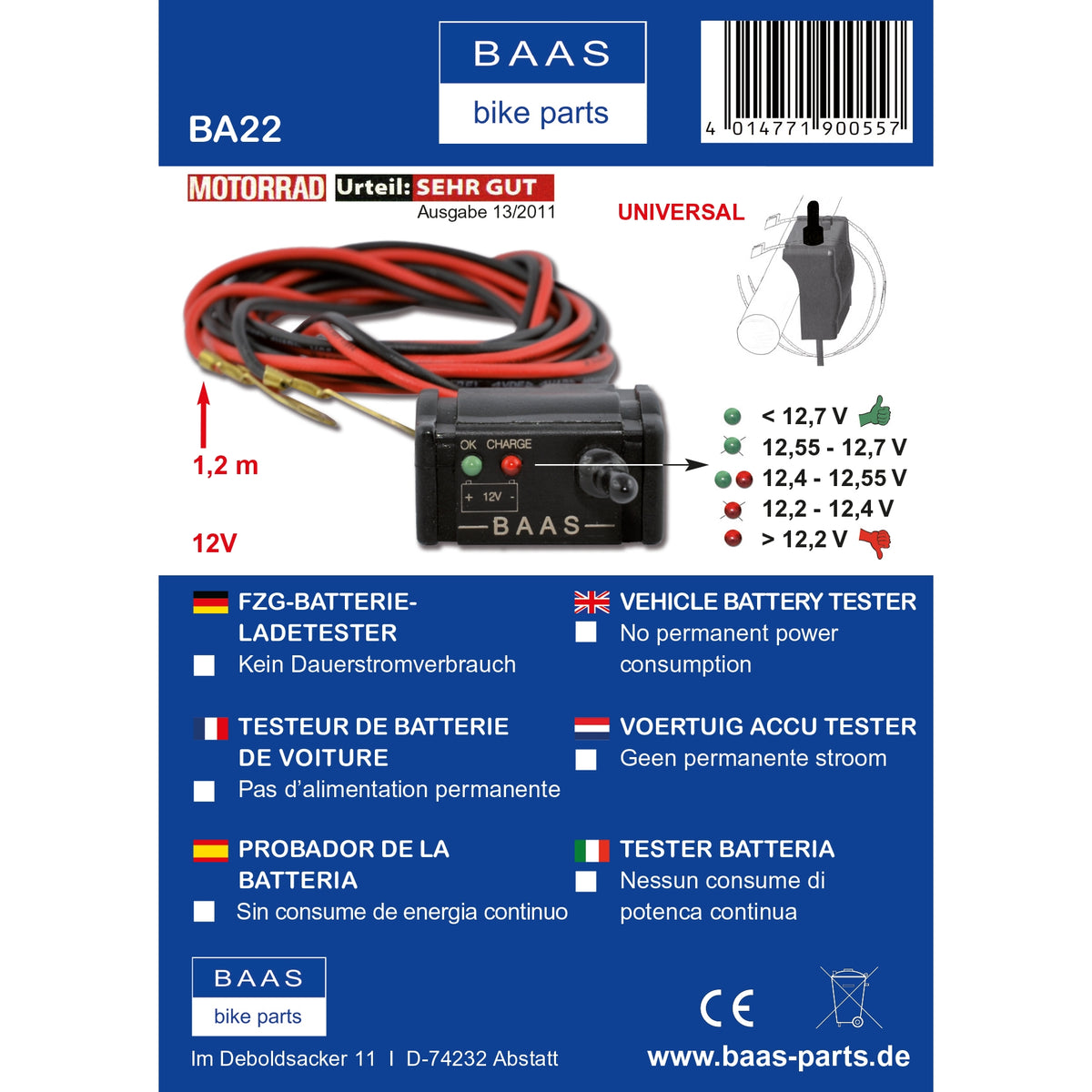 Motorrad Batterietester Lenkermontage BAAS BA22 Produktinformationsblatt