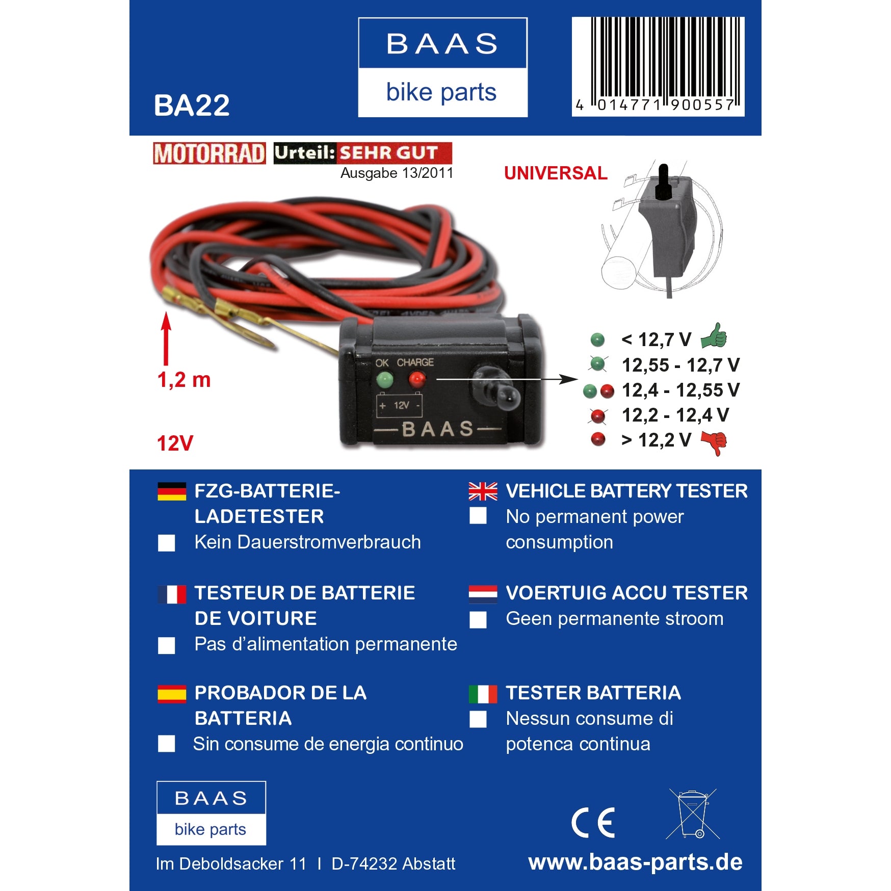 Motorrad Batterietester Lenkermontage BAAS BA22 Produktinformationsblatt