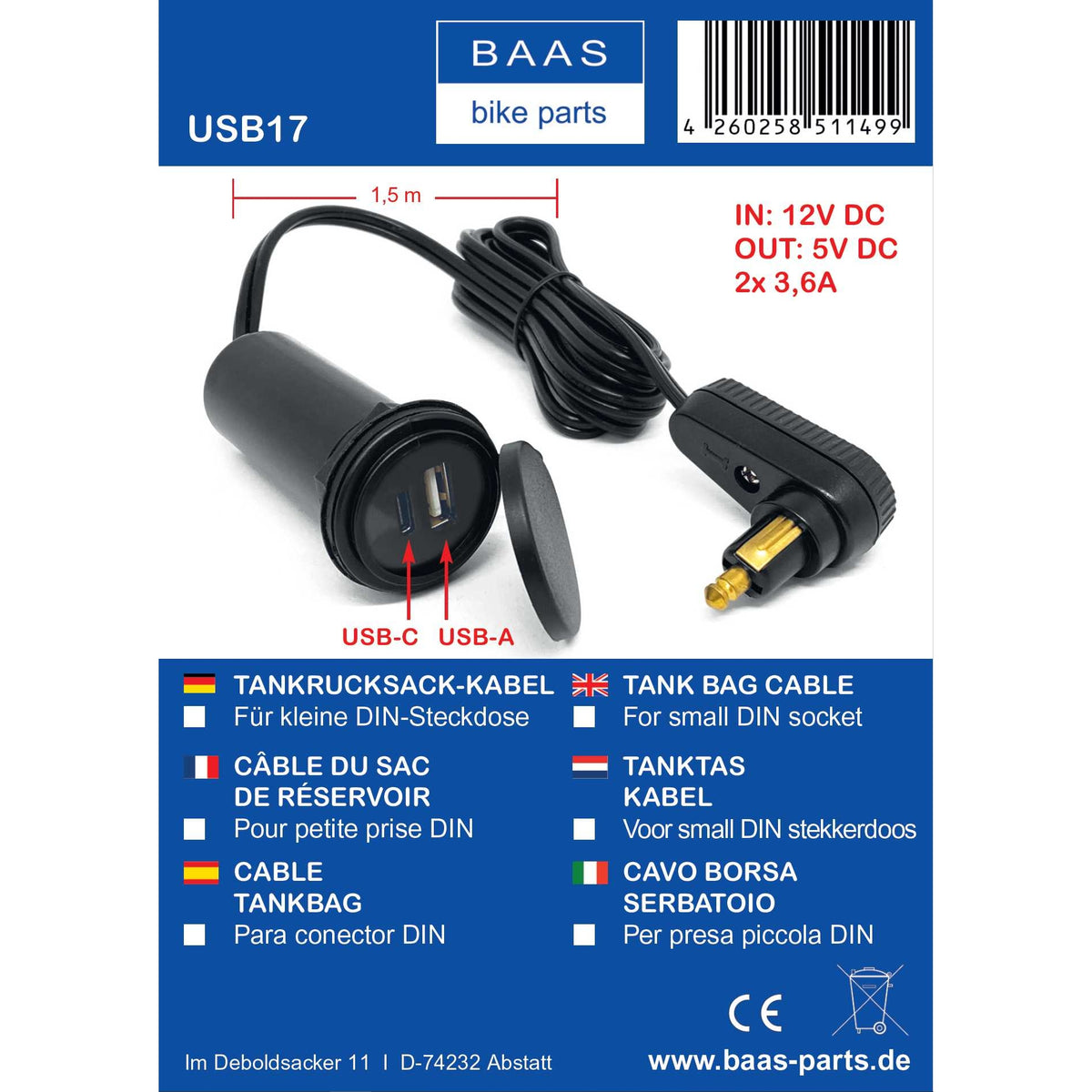 Motorrad Tankrucksack Ladekabel USB-A+C 2x3,6A BAAS USB17 Produktinformationsblatt