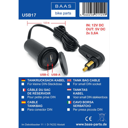 Motorrad Tankrucksack Ladekabel USB-A+C 2x3,6A BAAS USB17 Produktinformationsblatt