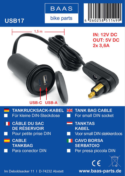 Motorrad Tankrucksack Ladekabel USB-A+C 2x3,6A BAAS USB17