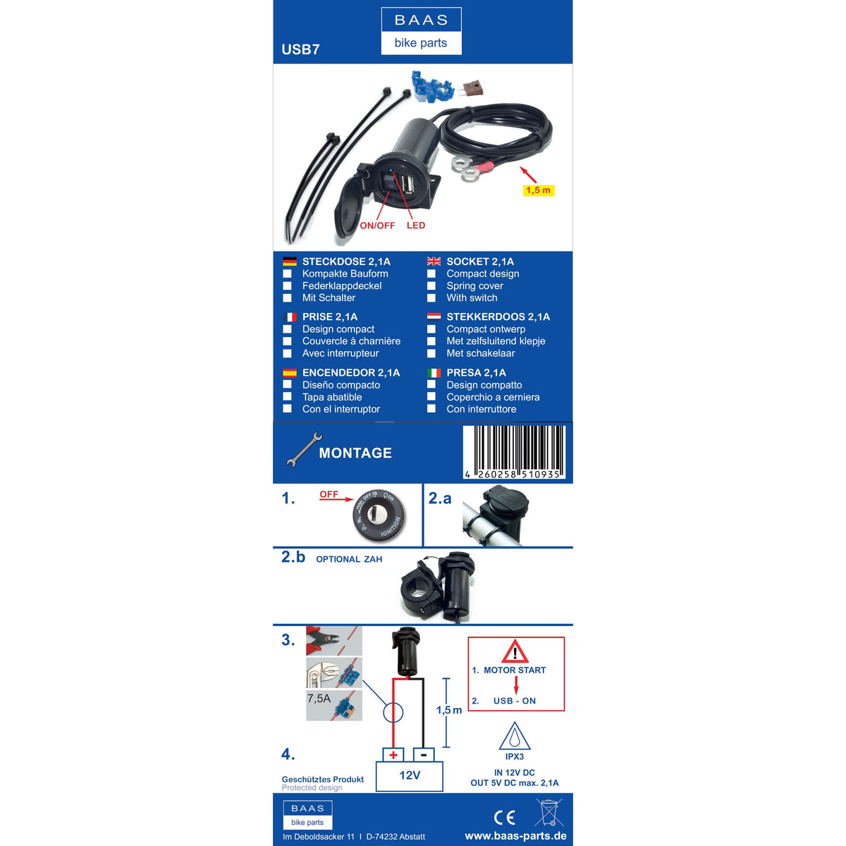 USB Einbau Steckdose für Motorrad mit Schalter 5V/2,1A BAAS USB7 Produktinformationsblatt