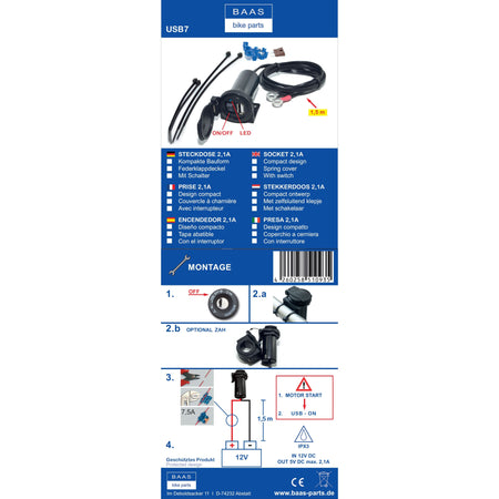 USB Einbau Steckdose für Motorrad mit Schalter 5V/2,1A BAAS USB7 Produktinformationsblatt