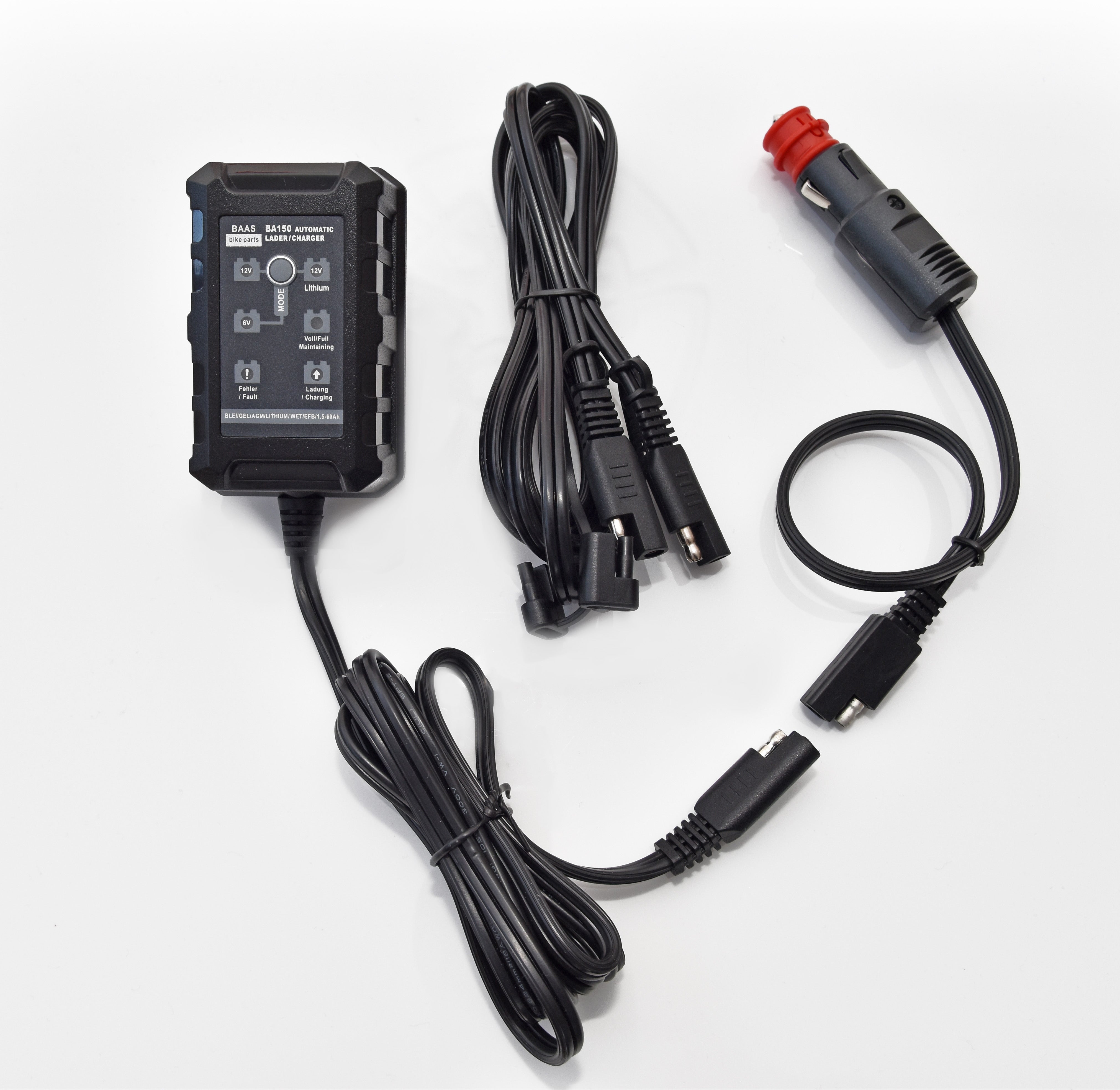 Automatikladegerät 6V,12V für LiFePo4/Gel-/AGM-/Nass-Batterien BAAS BA150 - Adapter mit Bordstecker für Zigarettenanzünder oder Motorrad Bordsteckdose